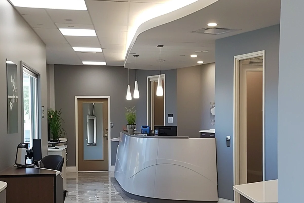 The Smile Lounge curved reception desk with modern pendant lighting and arched ceiling