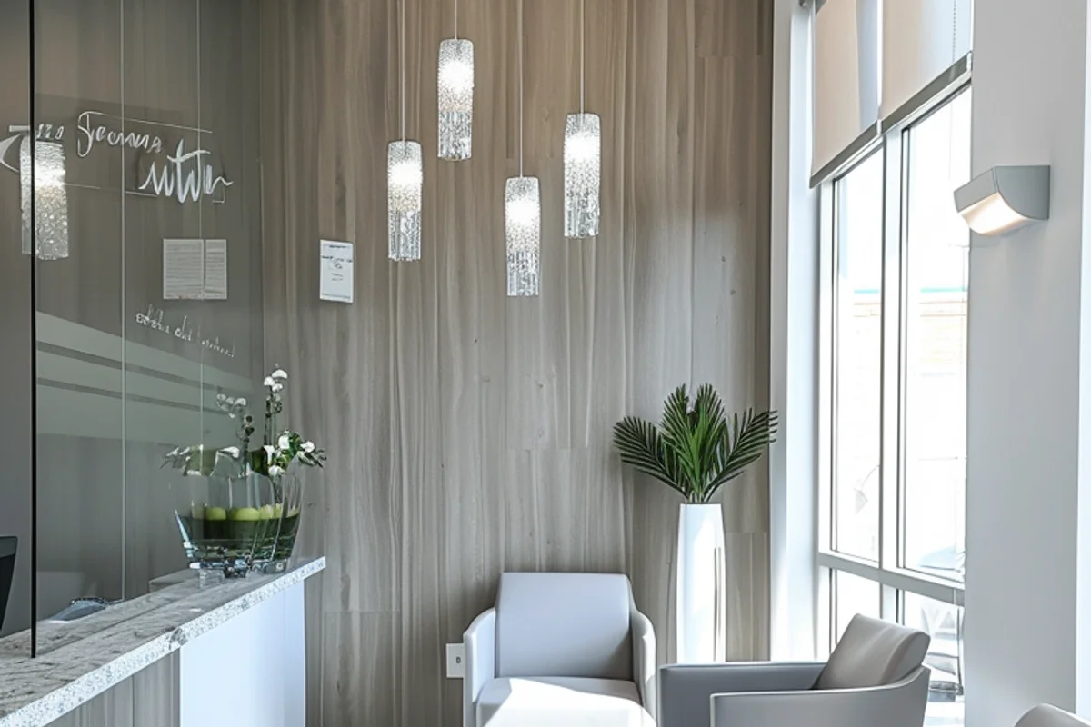 The Smile Lounge dental office reception with wood paneling and modern lighting